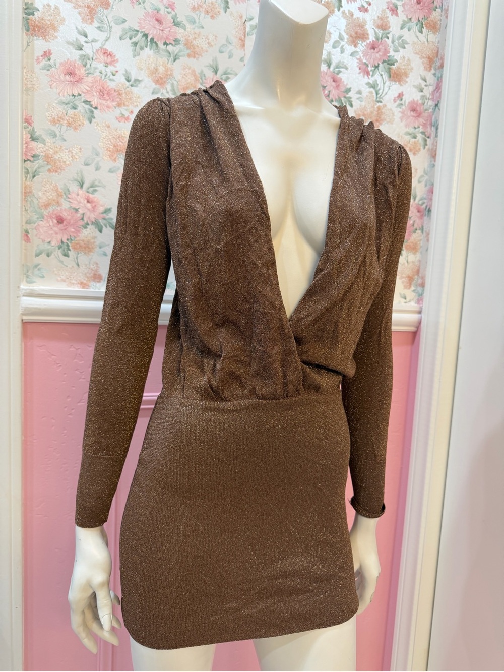 REVOLVE Metallic Brown Long-Sleeve Wrap Mini Dress